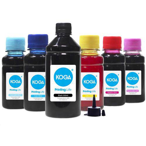 Kit 6 Tintas para Epson Bulk Ink L800 Black 500ml Coloridas 100ml Corante Koga