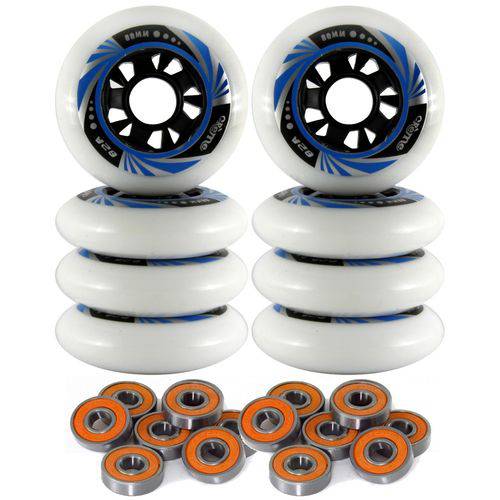 Tudo sobre 'Kit 8 Rodas Creme Patins Roller Inline 80mm + 16 Rolamentos - Branca/Azul'