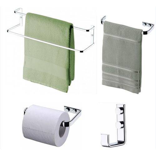Kit Acessórios Banheiro Aço Cromado com 04 Peças-toalheiro 45 e 30 Cm, Papeleira e Cabide, Marca Future