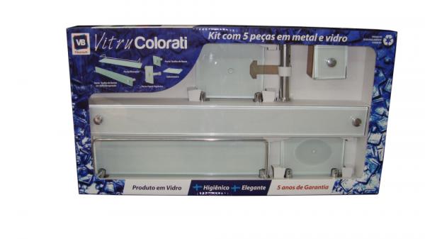 Kit Acessórios em Vidro P/ Banheiro C/ 5 Peças Branco Vidro Temperado 8mm + Alumínio Polido - Vb