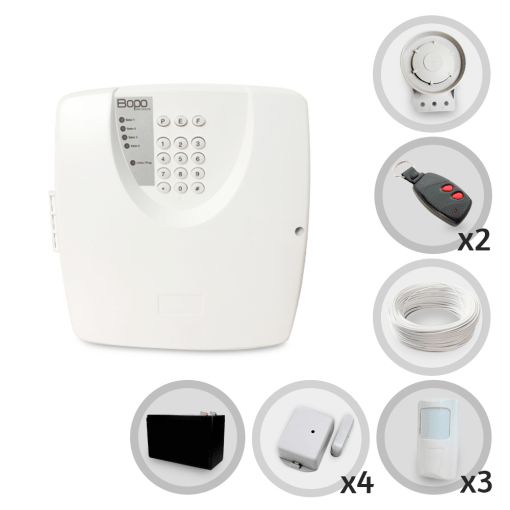 Kit Alarme Residencial ou Comercial 7 Sensores Sem Fio Bopo com Discadora e Bateria para Backup