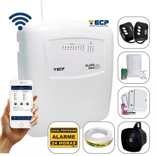 Kit Alarme Sem Fio Alard Max Wifi ECP Via Celular APP com 3 Sensores