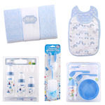 Kit Alimentação Bebe com Mamadeira Kuka Prato Escova Babador e Paninho de Boca Cor Azul