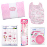 Kit Alimentacao Bebe Mamadeira Kuka Kit Refeicao Babador Pano de Boca e Escova Cor Rosa