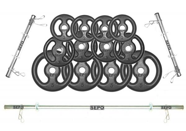 Kit Anilhas Ferro Fundido 40Kg + 2 Barras de 40cm + Barra de 150cm - Sepo - Pesos