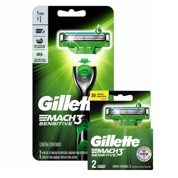 Kit Aparelho de Barbear Gillette Mach3 Sensitive + Carga Gillette Mach3 Sensitive com 2 Unidades