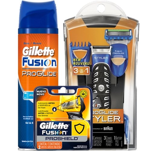 Kit Aparelho de Barbear Gillette Proglide Styler + 2 Cargas Fusion Proshield + Gel Fusion Proglide Hidratante