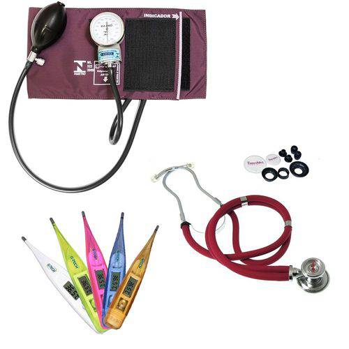 Kit Aula 5: Medidor de Pressão Esfigmomanômetro Braçadeira Velcro + Estetoscópio Rappaport Premium + Termômetro Digital