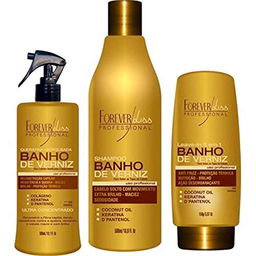 Kit Banho de Verniz Forever Liss Shampoo 500ml, Queratina 300ml e Leave-in 150g