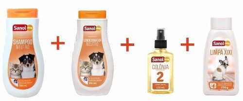 Kit Banho para Cães e Gatos - Shampoo Condicionador Perfume e Seca Xixi - Sanol