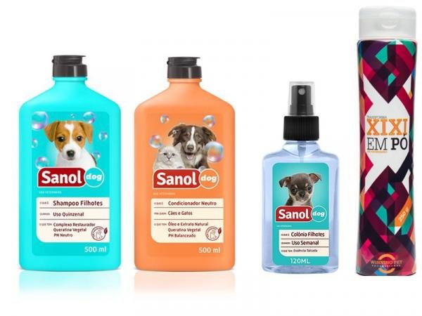 Kit Banho para Cães Filhotes: Shampoo Condicionador Perfume Sanol e Seca Xixi para Filhotes