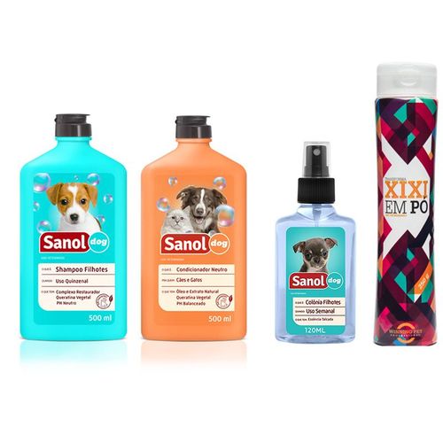 Kit Banho para Cães Filhotes: Shampoo Condicionador Perfume Sanol e Seca Xixi para Filhotes