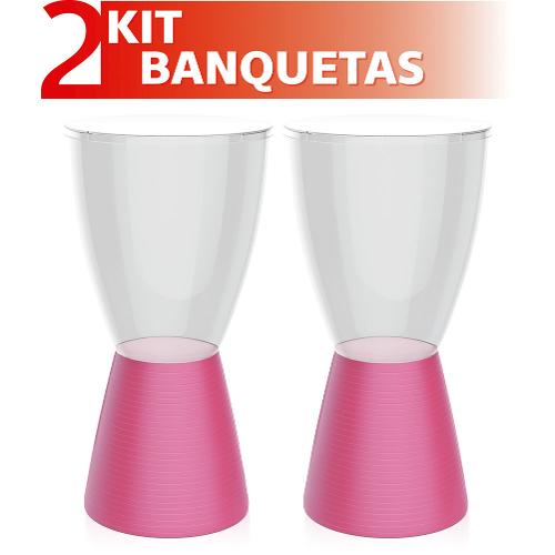 Kit 2 Banquetas Carbo Assento Cristal Base Color Rosa