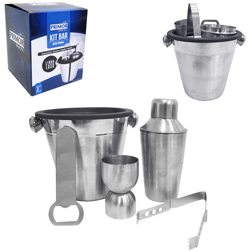 Tudo sobre 'Kit Bar com Coqueteleira 350 Ml + Balde de Gelo 1,3 L + Pegador + Abridor + Dosador de Inox Linha Luxo (5 Peças)'