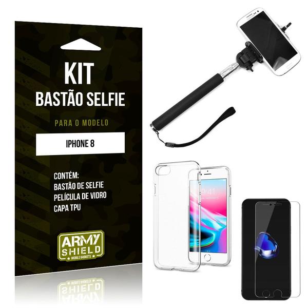 Kit Bastão de Selfie Apple IPhone 8 Bastão + Capa + Película de Vidro - Armyshield