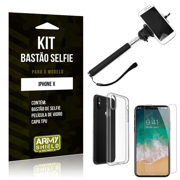 Kit Bastão de Selfie Apple IPhone X Bastão + Capa + Película de Vidro - Armyshield