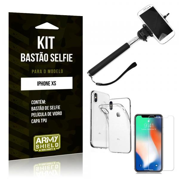 Kit Bastão de Selfie Apple IPhone XS Bastão + Capa + Película de Vidro - Armyshield