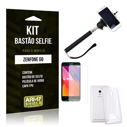 Tudo sobre 'Kit Bastão Selfie Asus Zenfone Go Película De Vidro + Capa Tpu + Bastão Selfie -Armyshield'
