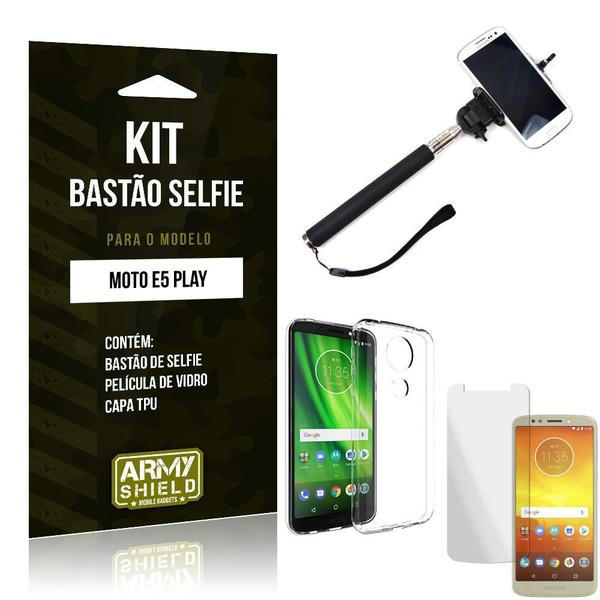 Kit Bastão Selfie Moto E5 Play Bastão + Película + Capa - Armyshield