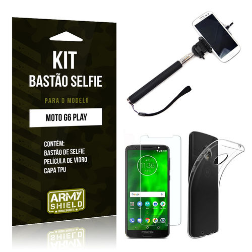 Kit Bastão Selfie Moto G6 Play Bastão + Película + Capa - Armyshield