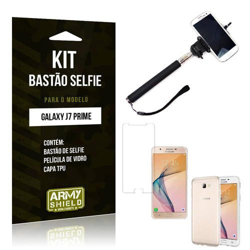 Kit Bastão Selfie Samsung J7 Prime Película de Vidro + Capa Tpu + Bastão Selfie -Armyshield
