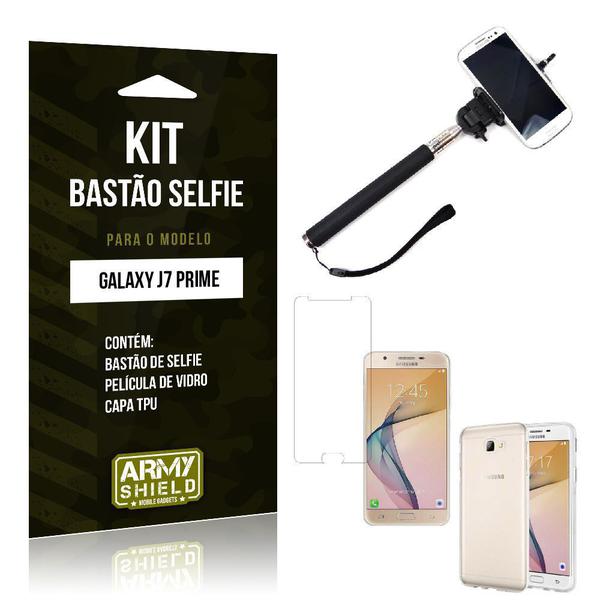 Kit Bastão Selfie Samsung J7 Prime Película de Vidro + Capa Tpu + Bastão Selfie -ArmyShield