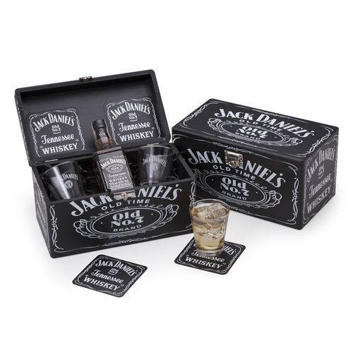Tudo sobre 'Kit Baú com Whisky Jack Daniel's 375ml + 2 Copos Personalizados + 2 Porta Copos (SQ14247)'