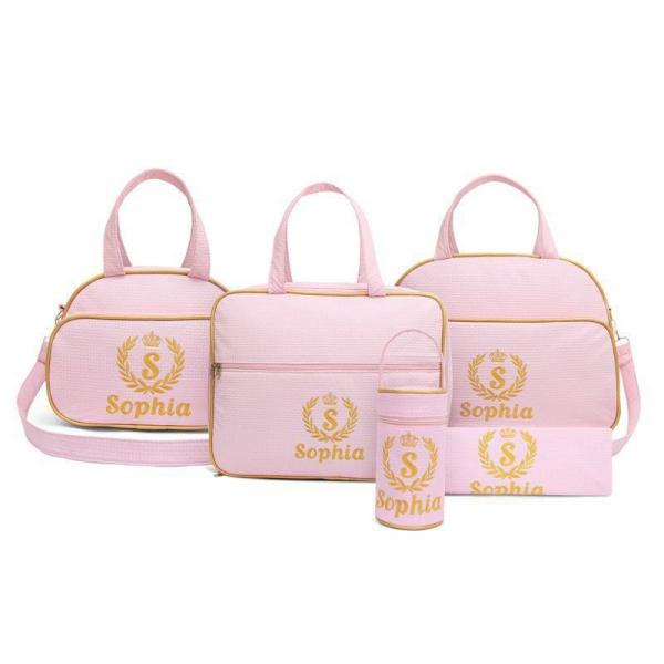 Tudo sobre 'Kit Bolsa Maternidade Personalizada Supreme Rosa com Dourado - 5 Peças - Evundile'