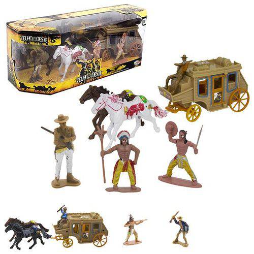 Kit Boneco Velho Oeste com Cavalos e Carruagem 7 Acessórios na Caixa