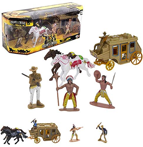 Kit Boneco Velho Oeste com Cavalos e Carruagem 7 Acessórios na Caixa