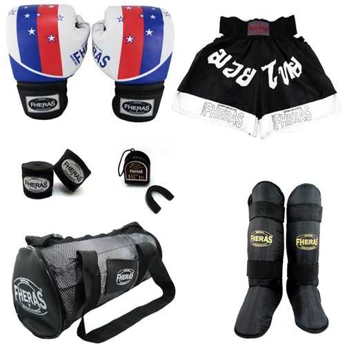 Kit Boxe + Bandagem Bucal Caneleira Shorts Bolsa -14 Oz STAR - TOP