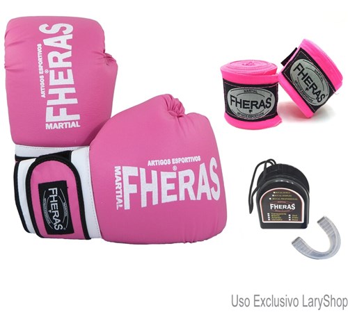 Kit Boxe Fheras Muay Thai Luva + Bandagem + Bucal Rosa