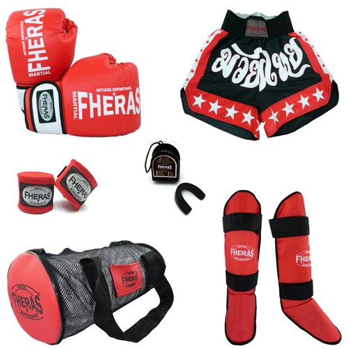 Kit Boxe Fheras Muay Thai Orion + Caneleira Bolsa Shorts-08 Oz VM/BC