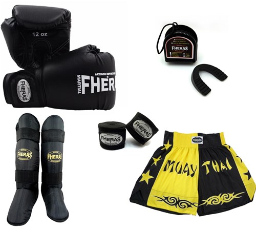 Kit Boxe Fheras Muay Thai Trad- Luva Bandagem Bucal Caneleira Shorts (Bicolor) -Pt/AM