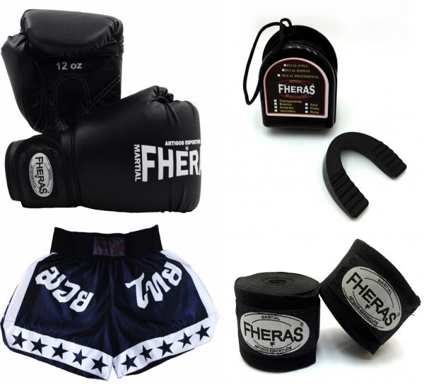 Kit Boxe Muay Thai Fheras Luva Bandagem Bucal Shorts 12oz Preta