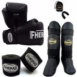 Kit Boxe Muay Thai Fheras Luva Caneleira Bandagem Bucal 14oz Preta Promoção