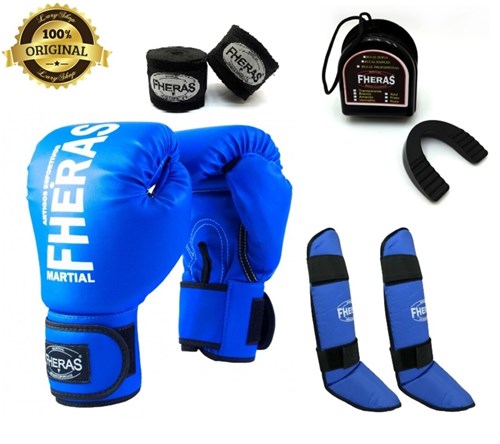 Kit Boxe Muay Thai Fheras Luva Caneleira Bandagem Bucal Azul