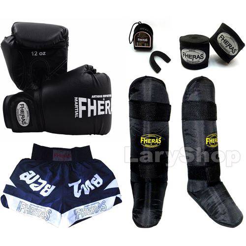 Kit Muay Thai Fheras Luva Caneleira Bandagem Bucal Shorts 1