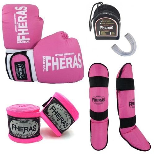 Kit Boxe Muay Thai Fheras Luva Trad. Caneleira Freestyle Bandagem Bucal 8oz Rosa