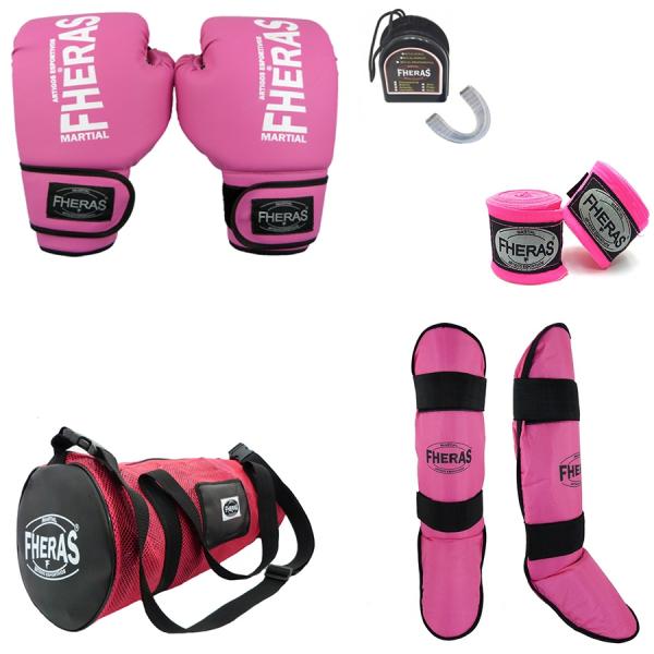 Kit Boxe Muay Thai Fheras Luva Trad. Caneleira Freestyle Bolsa Bandagem Bucal 12oz Rosa