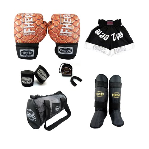 Kit Boxe Muay Thai Fheras Top - Luva-Bandagem -Bucal- Caneleira - Bolsa - Shorts - 14 Oz COBRA 2