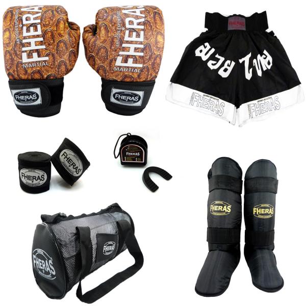 Kit Boxe Muay Thai Fheras Top - Luva-Bandagem -Bucal- Caneleira - Bolsa - Shorts - COBRA 2
