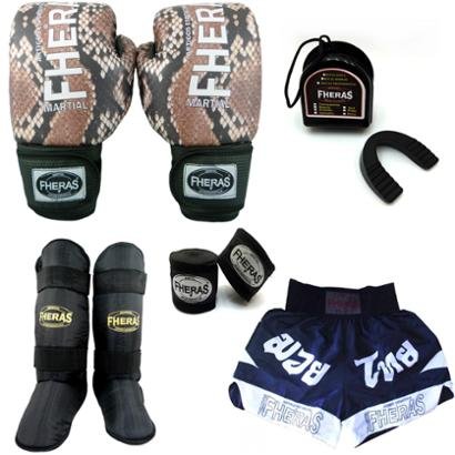 Kit Boxe Muay Thai Fheras Top Luva Bandagem Bucal Caneleira Shorts 12 OZ COBRA 1