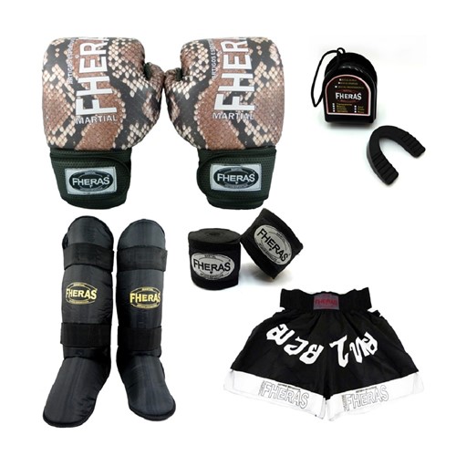 Kit Boxe Muay Thai Fheras Top - Luva Bandagem Bucal Caneleira Shorts - 14 OZ COBRA 1