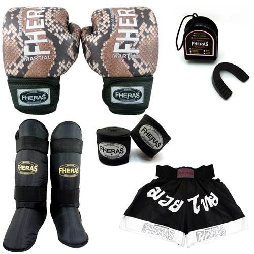 Kit Boxe Muay Thai Fheras Top - Luva Bandagem Bucal Caneleira Shorts -COBRA 1