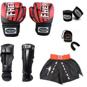 Kit Boxe Muay Thai Fheras Top - Luva Bandagem Bucal Caneleira Shorts- Elite Vermelho - 08 Oz