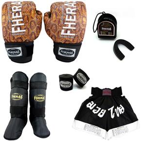 Kit Boxe Muay Thai Fheras Top - Luva Bandagem Bucal Caneleira Shorts(Fheras) - Cobra 2 - 10 Oz