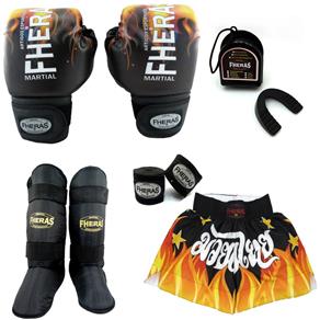 Kit Boxe Muay Thai Fheras Top - Luva Bandagem Bucal Caneleira Shorts (Fheras) - Fogo - 12 Oz
