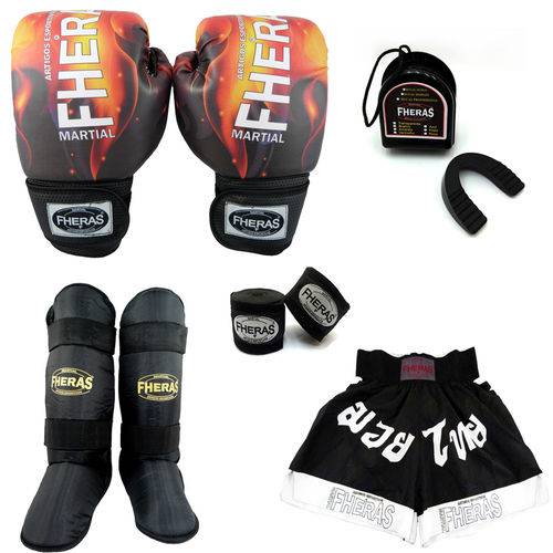 Kit Boxe Muay Thai Fheras Top - Luva Bandagem Bucal Caneleira Shorts (Fheras) - FOGO