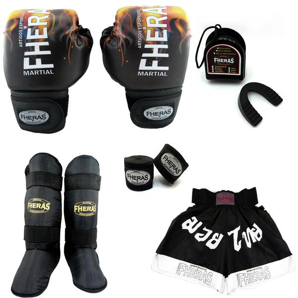 Kit Boxe Muay Thai Fheras Top - Luva Bandagem Bucal Caneleira Shorts (Fheras) - FOGO